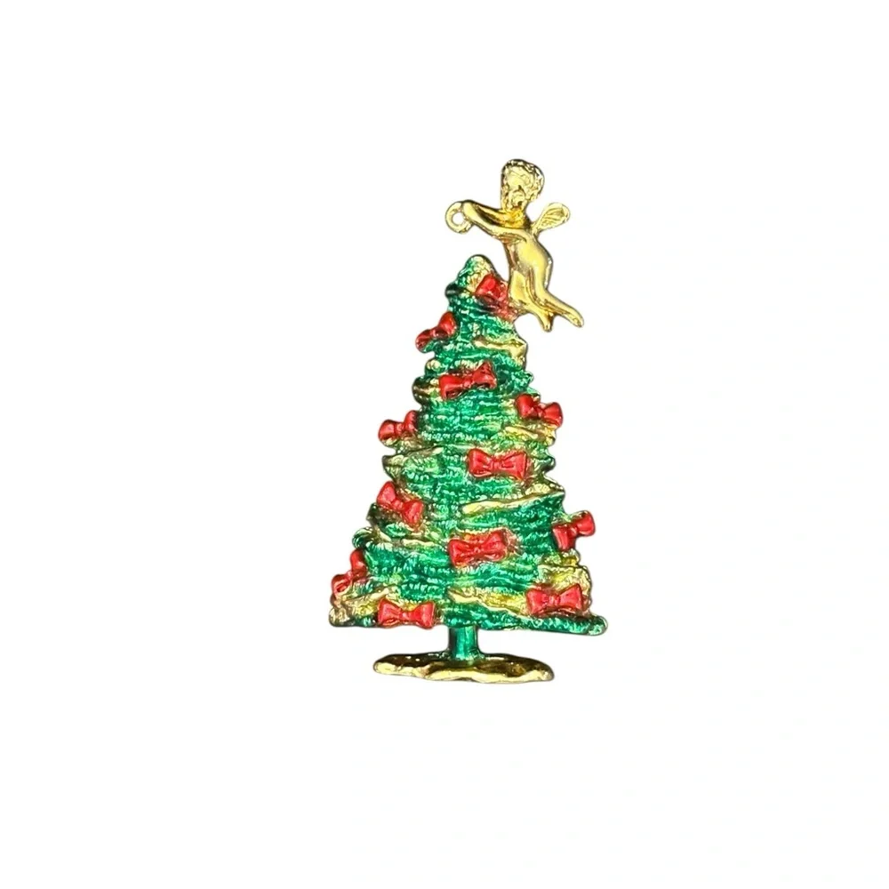 Vintage Christmas Tree Brooch Angel Brooch Holiday Gold‎ Tone Estate Pendant